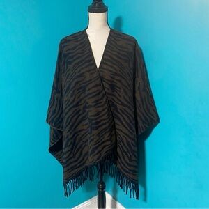 Brown Black Animal Print Fringe Hem Shawl Cardigan Wrap Sweater Shrug OS